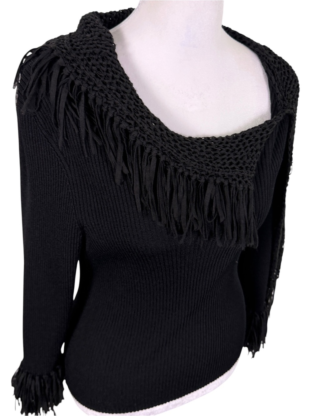 Pow Wow Black Fringe Crochet Sweater L Boho Western Festival Statement Top - Picture 3 of 14